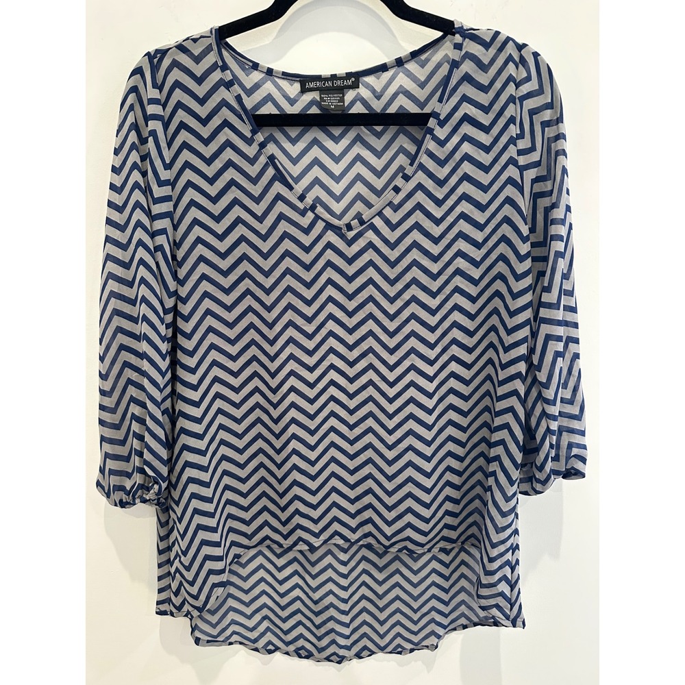 American Dream Women Blue Gray Chevron V-Neck Chiffon Blouse Medium 3/4 Sleeve